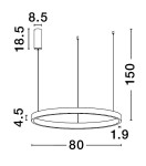 Brązowa lampa wisząca Bari D80 z pojedynczym źródłem LED o mocy 77W. Okrągły kształt, średnica 80 cm, wysokość 150 cm. Zawieszenie na dwóch linkach, minimalistyczny design. Wysokość zwisu regulowana.