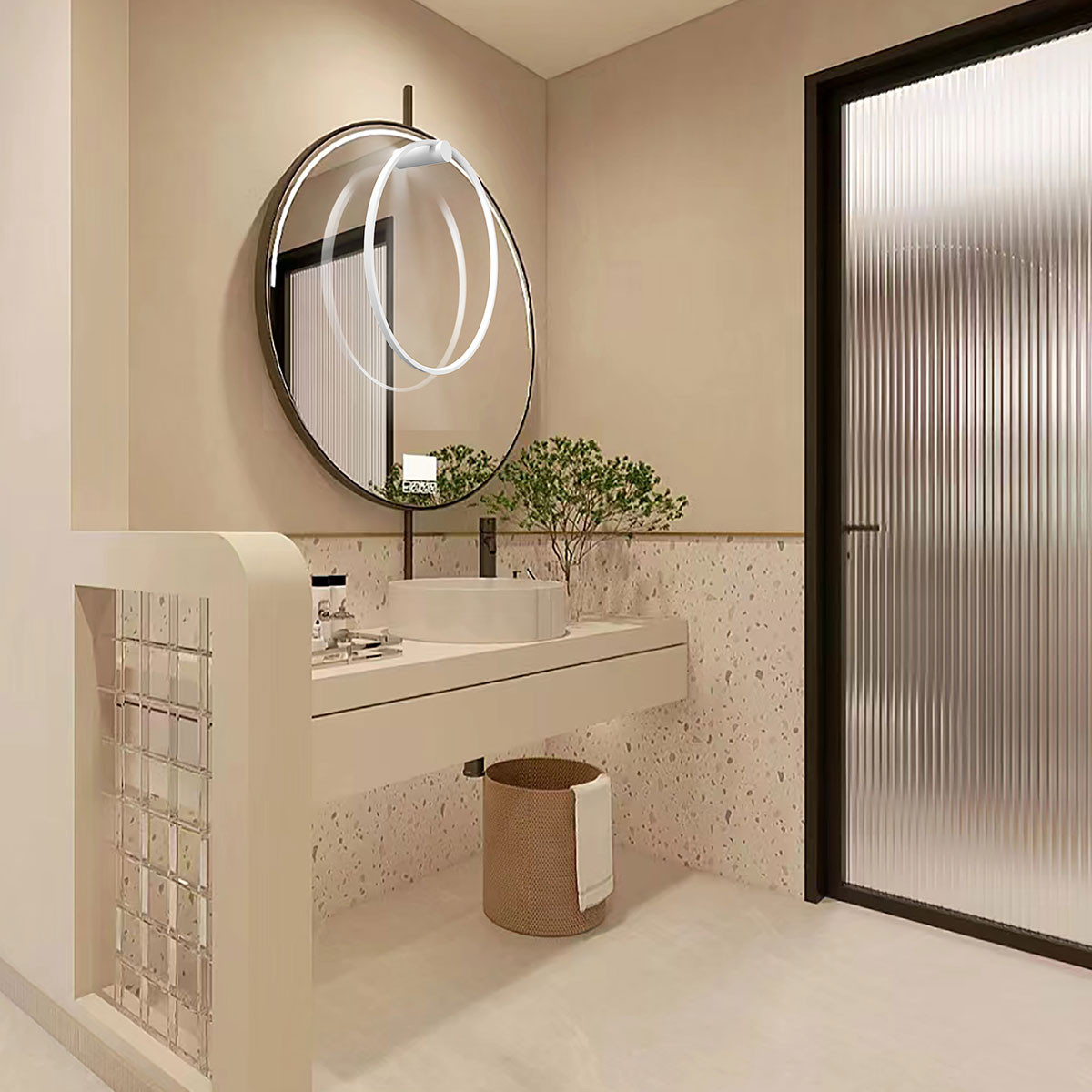 Kinkiet LED Mirror D60 o mocy 35W w kolorze białym, zamontowany nad okrągłym lustrem. W tle widoczna nowoczesna łazienka z jasnymi ścianami i minimalistycznym blatem. Oświetlenie w kształcie podwójnej elipsy, podkreślające elegancki design.