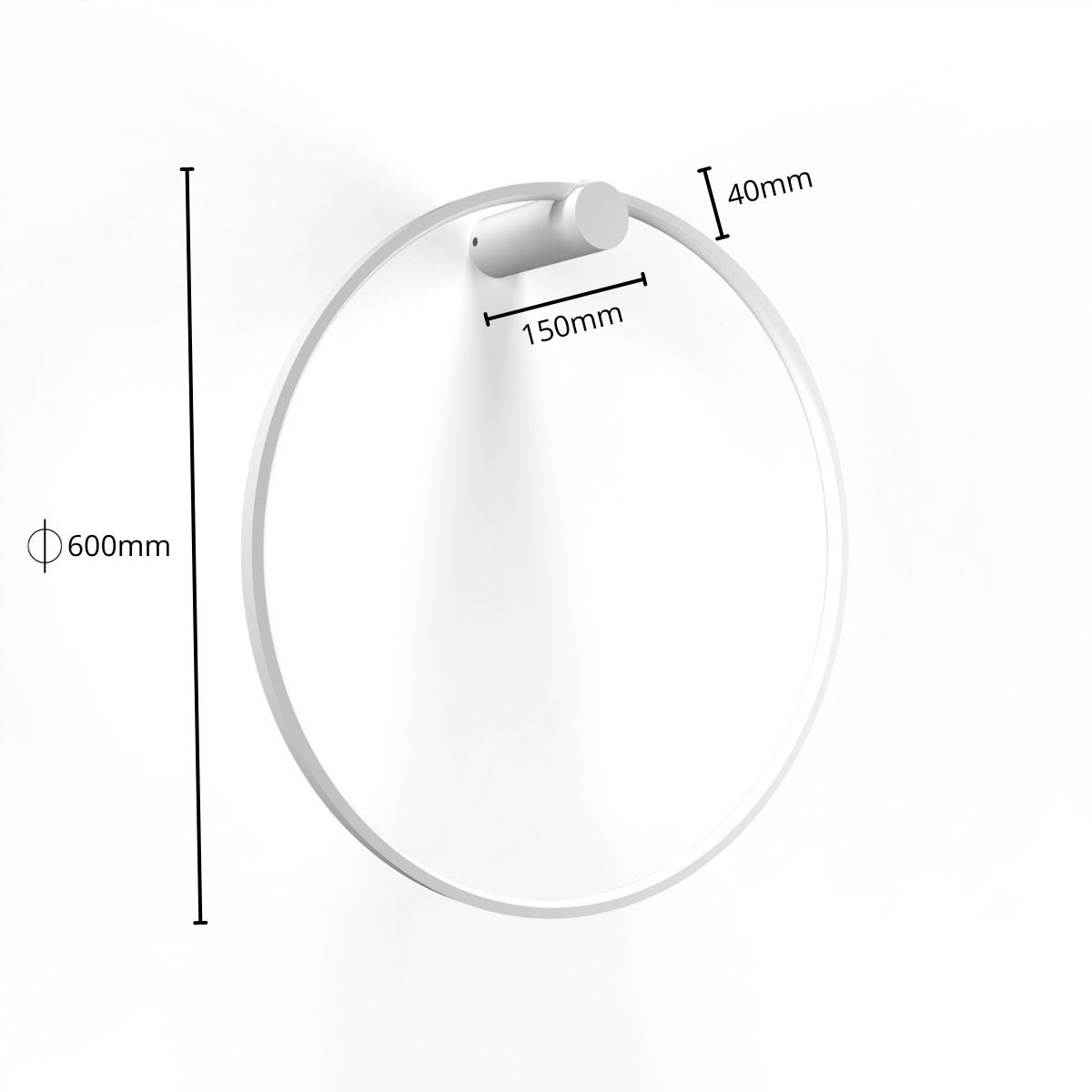 Kinkiet LED Mirror D60 w kolorze białym, o średnicy 600 mm i grubości 40 mm. Posiada cylindryczny element mocujący o długości 150 mm. Produkt o klasie szczelności IP44, przeznaczony do oświetlenia wnętrz.