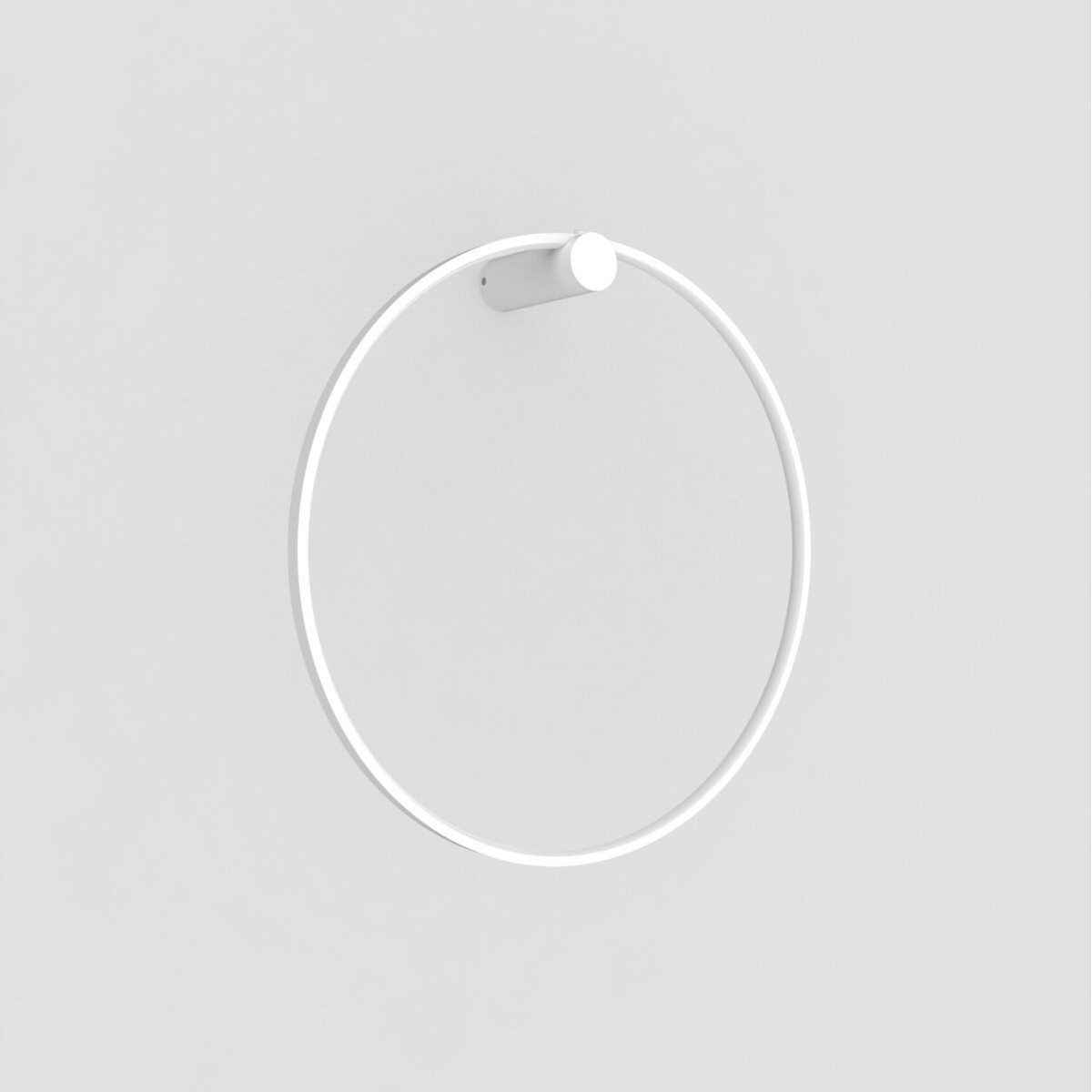 Kinkiet LED Mirror D60 o okrągłym kształcie, kolor biały. Zainstalowany na ścianie, z widocznym uchwytem. Produkt o mocy 35W, z klasą ochrony IP44, oferujący regulację temperatury barwowej (CCT). Tło jasne, jednolite.