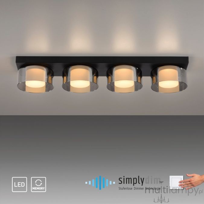 Lampa sufitowa Rika z czterema źródłami światła LED 26W, w czarnym dymionym kolorze. Ułożona na płaskiej podstawie, z przezroczystymi kloszami, emitującymi ciepłe światło. Widoczna technologia ściemniania.