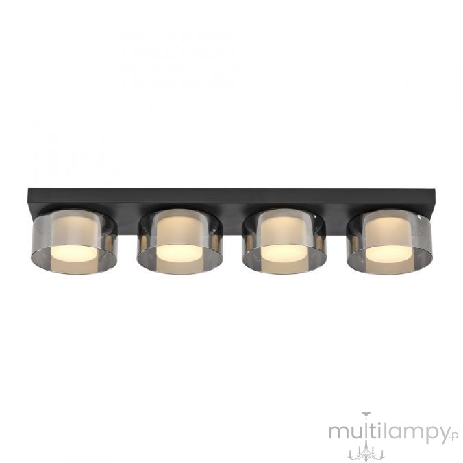 Czarna lampa sufitowa Rika z czterema okrągłymi kloszami z dymionego szkła LED 4x26W, montowana na płaskiej podstawie. Klosze w jasnym odcieniu emitują ciepłe światło, zapewniając nowoczesny wygląd.