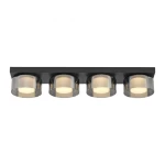 Czarna lampa sufitowa Rika z czterema okrągłymi kloszami z dymionego szkła LED 4x26W, montowana na płaskiej podstawie. Klosze w jasnym odcieniu emitują ciepłe światło, zapewniając nowoczesny wygląd.