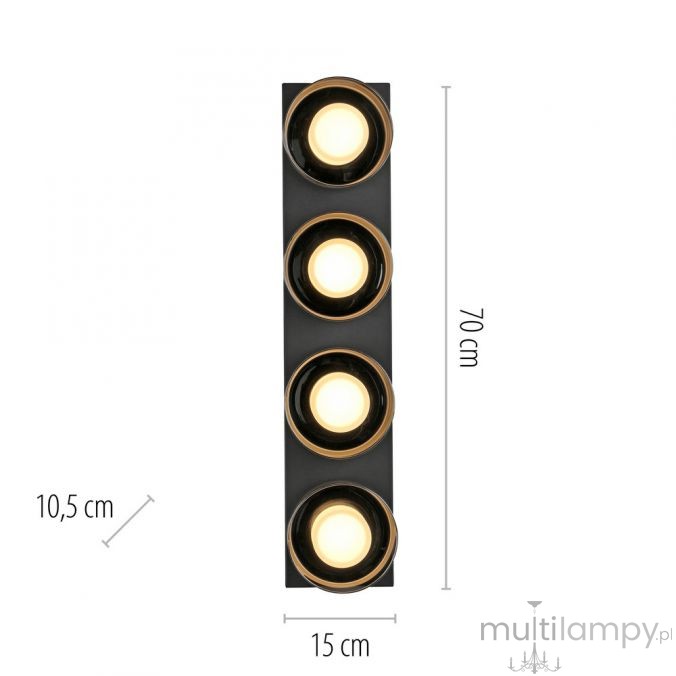 Lampa sufitowa Rika 4xLED 26W w czarnym dymionym wykończeniu. Prostokątna konstrukcja z czterema okrągłymi oprawami świecącymi. Wymiary: 70 cm wysokości, 15 cm szerokości, 10,5 cm głębokości. Idealna do nowoczesnych wnętrz.