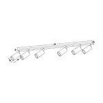 Lampa sufitowa Mica z sześcioma punktami świetlnymi GU10 w kolorze czarnym z złotymi akcentami. Produkt ma prostokątną podstawę oraz cylindryczne klosze, zamontowane na metalowej listwie. Wymiary: 1196 mm długości, 480 mm wysokości.