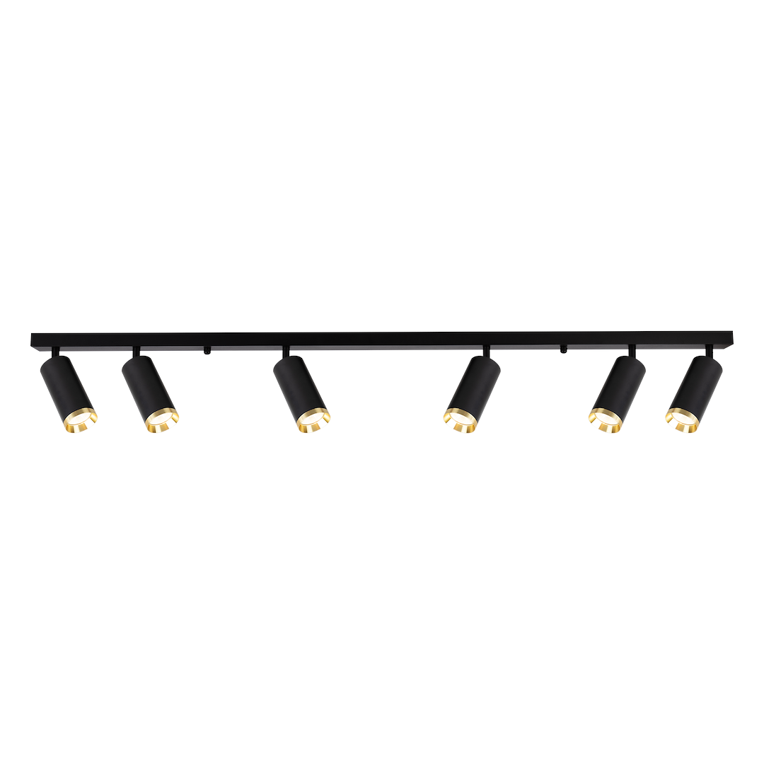Lampa sufitowa Mica w kolorze czarnym z sześcioma reflektorami GU10 w złotych detalach. Ujęcie frontalne, lampy zamontowane na prostokątnej listwie. Idealna do nowoczesnych wnętrz.