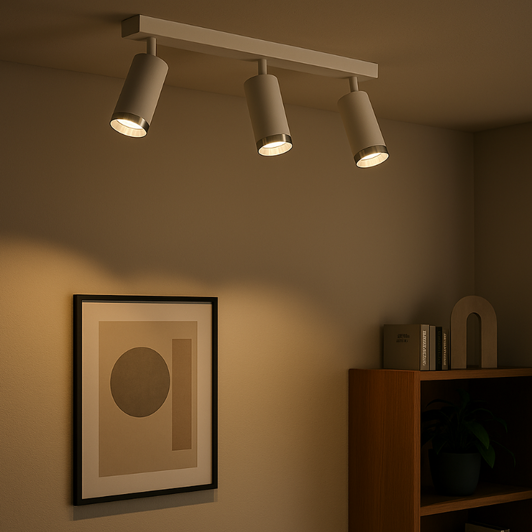 Lampa sufitowa Mica (spot) z trzema oprawami GU10 w kolorze białym i chromowanym, zamontowana na prostokątnej podstawie. Ujęcie z dołu, ukazujące kierunek światła oraz subtelne oświetlenie ściany z grafiką i meblami w tle.
