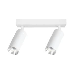 Lampa sufitowa Mica z dwoma reflektorami w kolorze białym i chromowanym. Ułożona poziomo, z cylindrycznymi kloszami skierowanymi w dół. Prosta, minimalistyczna konstrukcja na prostokątnej podstawie, idealna do nowoczesnych wnętrz.