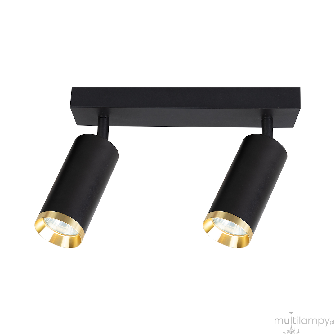 Lampa sufitowa Mica z dwoma spotami w kolorze czarnym i złotym. Okrągłe, matowe klosze umieszczone na prostokątnym, czarnym stelażu. Ujęcie frontalne, pokazujące detal designu oraz efektowne wykończenie wnętrza kloszy.