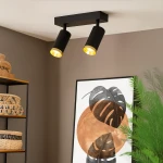 Lampa sufitowa Mica w kolorze czarnym z złotymi reflektorami, zamontowana na prostokątnej podstawie. Dwa ruchome spoty skierowane w różne strony. W tle widoczna dekoracja ścienna oraz roślinność w otoczeniu.