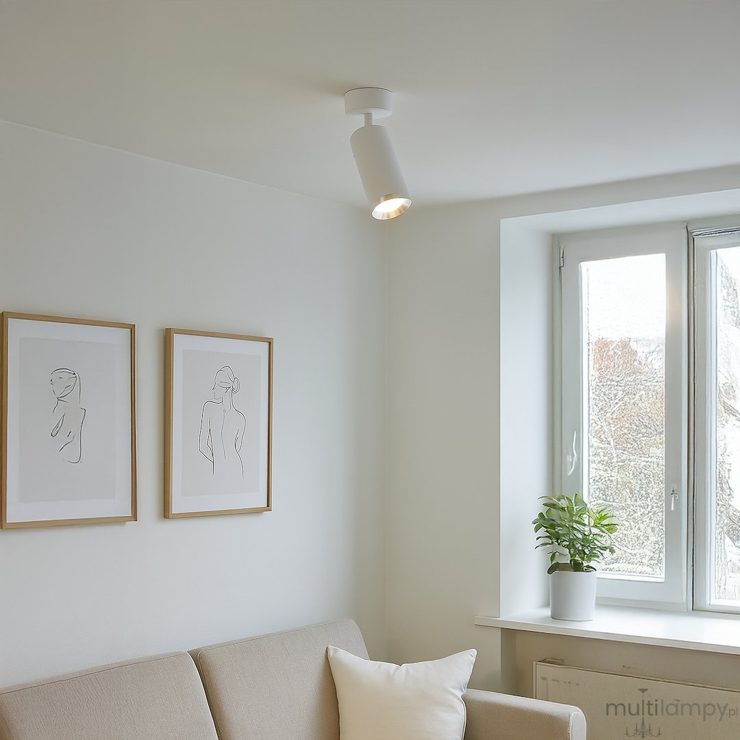 Mica lampa sufitowa (spot) 1xGU10 w kolorze białym i chromowanym, zamontowana na suficie. Lampa skierowana w dół, w minimalistycznej aranżacji z jasnymi ścianami, obok dwa obrazy w ramach i roślina w doniczce na parapecie.