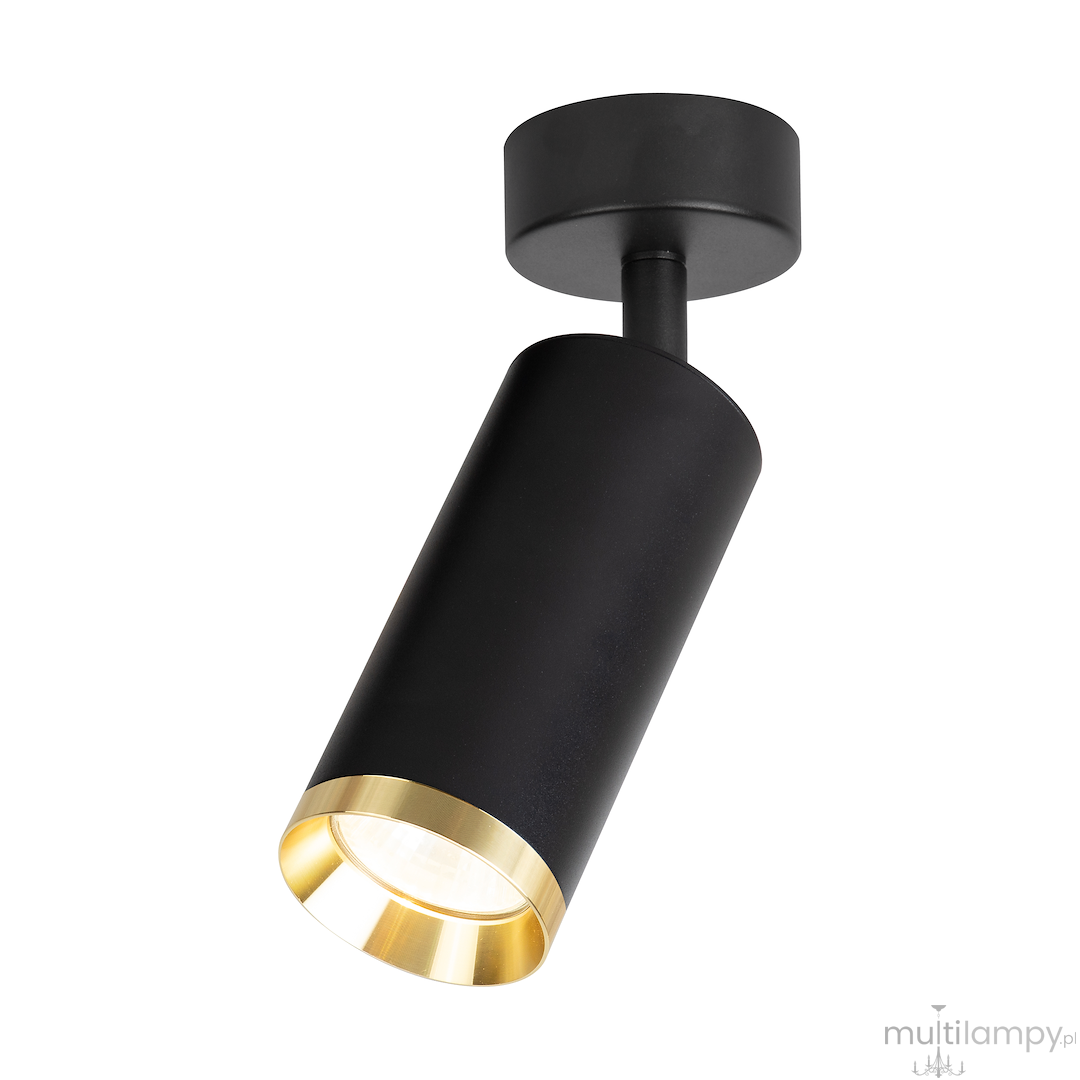Lampa sufitowa Mica w kolorze czarnym z złotym akcentem, z cylindrycznym kloszem i mocowaniem do sufitu. Posiada 1 gniazdo GU10, montowana w pozycji wiszącej, ukierunkowana w dół. Prosty, nowoczesny design, idealna do różnych wnętrz.