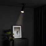 Mica lampa sufitowa (spot) 1xGU10 w kolorze czarnym z złotym akcentem, montowana na suficie, kierująca światło w dół. W tle widoczna ramka ze zdjęciem oraz roślina w doniczce, na ciemnym tle.