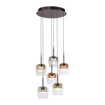 Lampa wisząca Q-kon z pilotem, 6 kloszy w różnych kolorach (złoty, miedziany, przezroczysty), zawieszona na cienkich kablach, z metalowym mocowaniem sufitowym. Źródło światła LED 36W, możliwość zmiany kolorów (CCT).