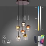 Lampa wisząca Q-kon z pilotem, 6 żarówek LED 36W, z kolorowymi kloszami w odcieniach złota i miedzi. Wisi na cienkich linkach, z możliwością regulacji wysokości. Oświetlenie zmienne w zakresie 2700K-5000K, z ikonami funkcji na lewym dolnym rogu.