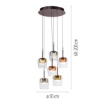 Lampa wisząca Q-kon z pilotem, 6 kloszy LED, moc 36W, multikolor. Klosze w kolorach przezroczystym, złotym i miedzianym, zawieszone na cienkich linkach. Wysokość regulowana 60-200 cm, średnica 50 cm, nowoczesny design.