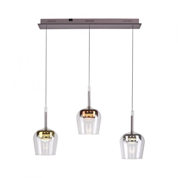 Lampa wisząca Q-kon z pilotem, trzy klosze w formie szklanych kul, różne kolory (złoty, srebrny, przezroczysty), zawieszona na długich przewodach, z metalowym stelażem. Oświetlenie LED 27W z funkcją zmiany kolorów (CCT).