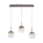 Lampa wisząca Q-kon z pilotem, trzy klosze w formie szklanych kul, różne kolory (złoty, srebrny, przezroczysty), zawieszona na długich przewodach, z metalowym stelażem. Oświetlenie LED 27W z funkcją zmiany kolorów (CCT).