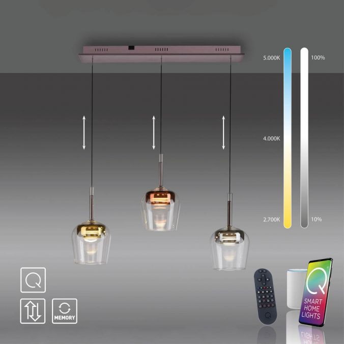 Lampa wisząca Q-kon z pilotem, 3 klosze w kolorze przezroczystym i złotym, z regulacją wysokości. Wbudowane 3xLED 27W, zmiana temperatury barwowej (2700K, 4000K, 5000K). W zestawie pilot do sterowania. Montaż sufitowy, minimalistyczny design.