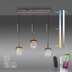 Lampa wisząca Q-kon z pilotem, 3 klosze w kolorze przezroczystym i złotym, z regulacją wysokości. Wbudowane 3xLED 27W, zmiana temperatury barwowej (2700K, 4000K, 5000K). W zestawie pilot do sterowania. Montaż sufitowy, minimalistyczny design.