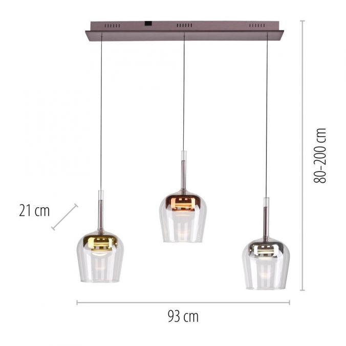 Lampa wisząca Q-kon z pilotem, trzy klosze w kolorze przezroczystym z metalicznymi akcentami, moc 27W, CCT multikolor. Wymiary: 93 cm szerokości, 21 cm wysokości, regulowana wysokość 80-200 cm. Montaż na suficie, nowoczesny design.