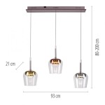 Lampa wisząca Q-kon z pilotem, trzy klosze w kolorze przezroczystym z metalicznymi akcentami, moc 27W, CCT multikolor. Wymiary: 93 cm szerokości, 21 cm wysokości, regulowana wysokość 80-200 cm. Montaż na suficie, nowoczesny design.