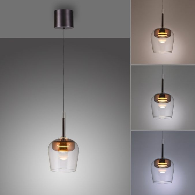 Lampa wisząca Q-kon w kolorze miedzi z przezroczystym kloszem, zawieszona na cienkim kablu. Posiada funkcję zmiany temperatury barwowej (CCT) oraz pilot. Widoczne różne ustawienia oświetlenia na zdjęciach obok.