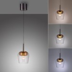Lampa wisząca Q-kon w kolorze miedzi z przezroczystym kloszem, zawieszona na cienkim kablu. Posiada funkcję zmiany temperatury barwowej (CCT) oraz pilot. Widoczne różne ustawienia oświetlenia na zdjęciach obok.