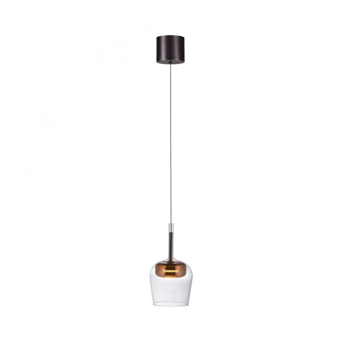 Lampa wisząca Q-kon z pilotem LED 9W CCT w kolorze miedzi. Posiada przezroczystą klosz o zaokrąglonym kształcie, metalowy element w miedzianym odcieniu oraz prosty, czarny sufitowy montaż. Długość zawieszenia umożliwia różne aranżacje.