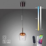 Lampa wisząca Q-kon LED 9W CCT w kolorze miedzi z przezroczystym kloszem. Zawieszona na cienkim przewodzie, z pilotem do zdalnego sterowania. Wbudowane funkcje zmiany temperatury barwowej: 2700K, 4000K, 5000K. Tło szare.