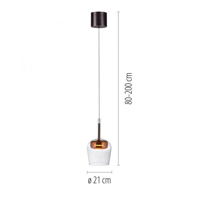 Lampa wisząca Q-kon LED 9W CCT w kolorze miedzi z przezroczystym kloszem. Wysokość regulowana od 80 do 200 cm, średnica klosza 21 cm. Zawiera pilot do zdalnego sterowania. Ujęcie frontalne, produkt zawieszony na długim przewodzie.