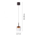 Lampa wisząca Q-kon LED 9W CCT w kolorze miedzi z przezroczystym kloszem. Wysokość regulowana od 80 do 200 cm, średnica klosza 21 cm. Zawiera pilot do zdalnego sterowania. Ujęcie frontalne, produkt zawieszony na długim przewodzie.