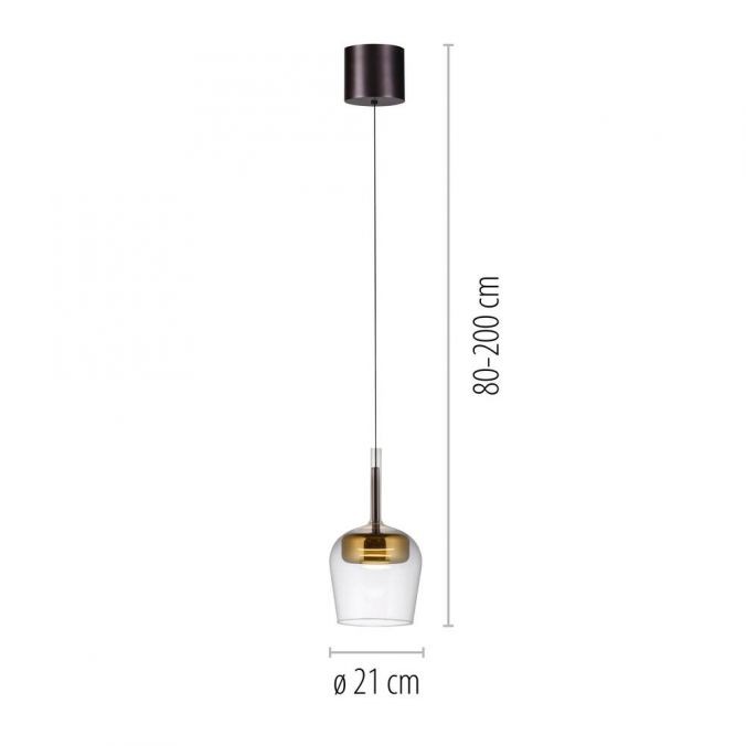 Lampa wisząca Q-kon z pilotem LED 9W CCT w kolorze złotym, o średnicy 21 cm i regulowanej wysokości 80-200 cm. Szklany klosz z metalowym wykończeniem, zawieszona na cienkim przewodzie. Idealna do nowoczesnych wnętrz.