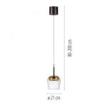 Lampa wisząca Q-kon z pilotem LED 9W CCT w kolorze złotym, o średnicy 21 cm i regulowanej wysokości 80-200 cm. Szklany klosz z metalowym wykończeniem, zawieszona na cienkim przewodzie. Idealna do nowoczesnych wnętrz.