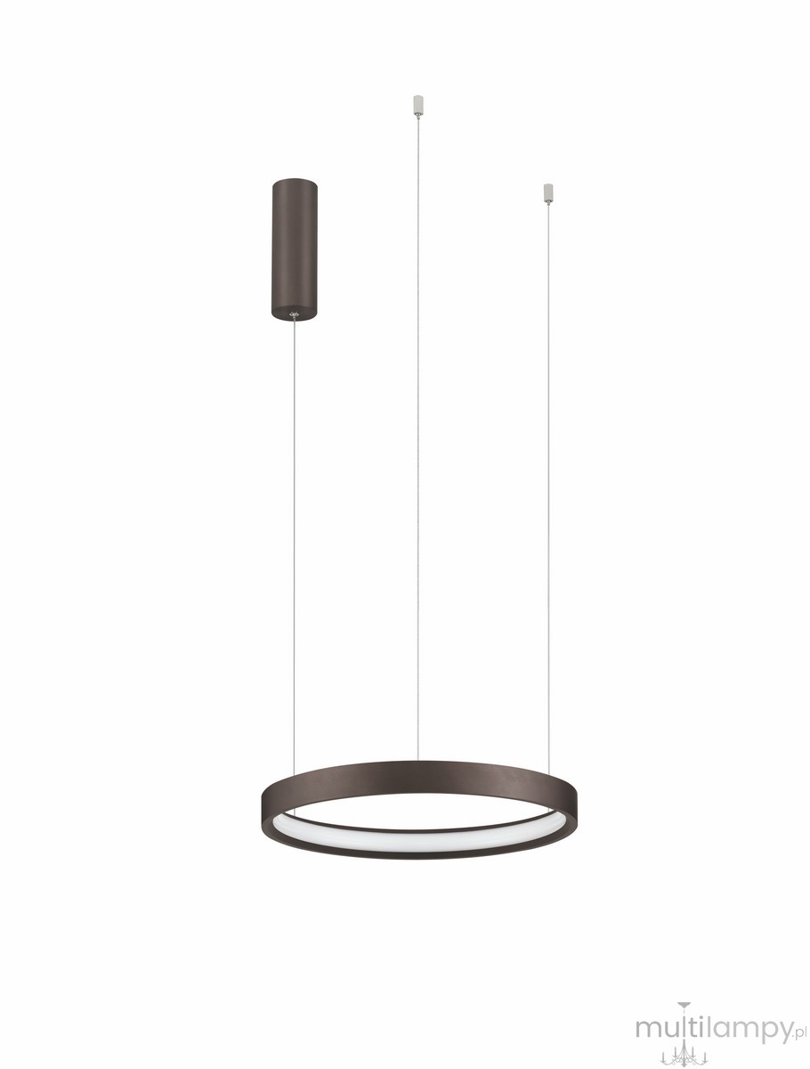 Lampa wisząca Zacapu D40 w kolorze brązowym, z okrągłym, matowym kloszem LED o mocy 22W. Zawieszona na cienkich linkach, z cylindrycznym elementem montażowym. Kształt minimalistyczny, idealna do nowoczesnych wnętrz.