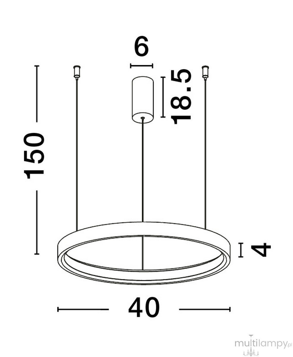 Lampa wisząca Zacapu D40 w kolorze brązowym, z jednym źródłem LED 22W. Okrągła forma o średnicy 40 cm i wysokości 4 cm, zawieszona na dwóch cienkich linkach. Element montażowy o średnicy 6 cm i wysokości 18,5 cm.