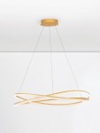 Lampa wisząca Ilave D95, złota, z pilotem, z jedną diodą LED 68W. Wyjątkowy, spiralny kształt z dwóch przeplatających się pierścieni. Zawieszona na cienkich linkach, montowana na suficie, idealna do nowoczesnych wnętrz.