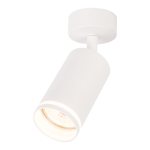 Biała lampa sufitowa typu spot z jedną oprawą GU10, wykonana z matowego materiału. Ujęcie z dołu, pokazujące cylindryczny kształt oraz źródło światła. Prosta konstrukcja, idealna do nowoczesnych wnętrz.
