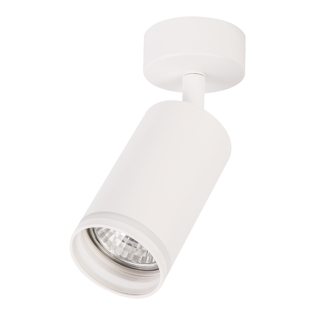 Lampa sufitowa Pipe Ring w kolorze białym, z okrągłą podstawą i cylindrycznym kloszem, zawierająca miejsce na żarówkę GU10. Ujęcie z dołu, pokazujące szczegóły klosza z przezroczystym szkłem.