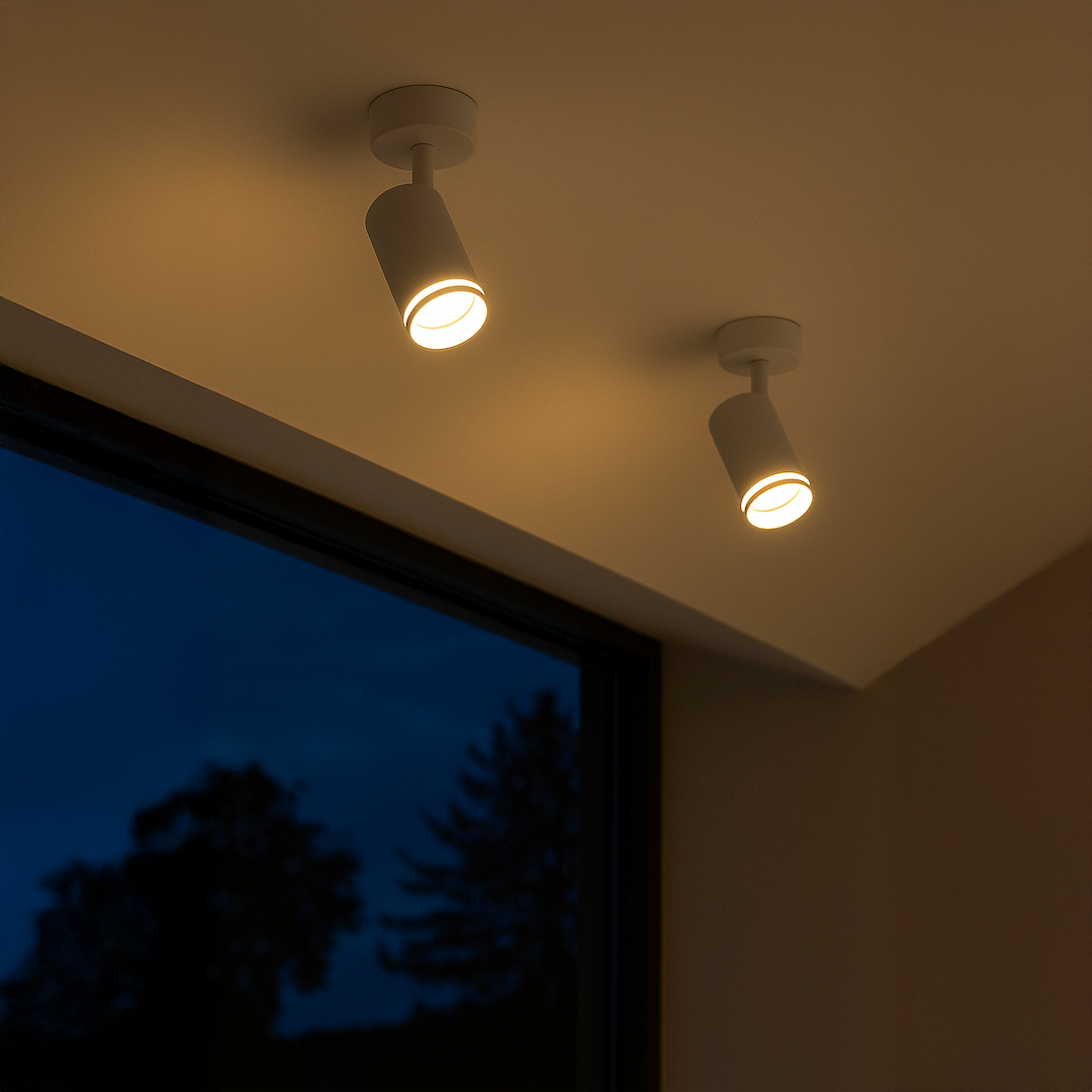 Biała lampa sufitowa Pipe Ring z jednym reflektorem GU10, zamontowana na suficie. Przeznaczona do oświetlenia wnętrz, emitująca ciepłe światło. Ujęcie z boku, z widocznym oknem i wieczornym niebem w tle.