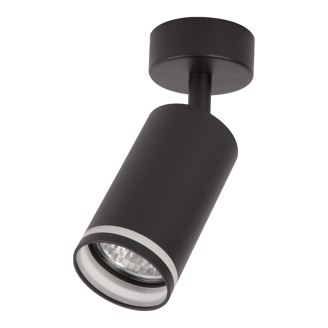 Lampa sufitowa Pipe Ring w kolorze czarnym, z jednym gniazdem GU10. Posiada cylindryczny kształt z białą obręczą przy źródle światła. Ujęcie z boku, zamontowana na okrągłej podstawie. Idealna do oświetlenia wnętrz.