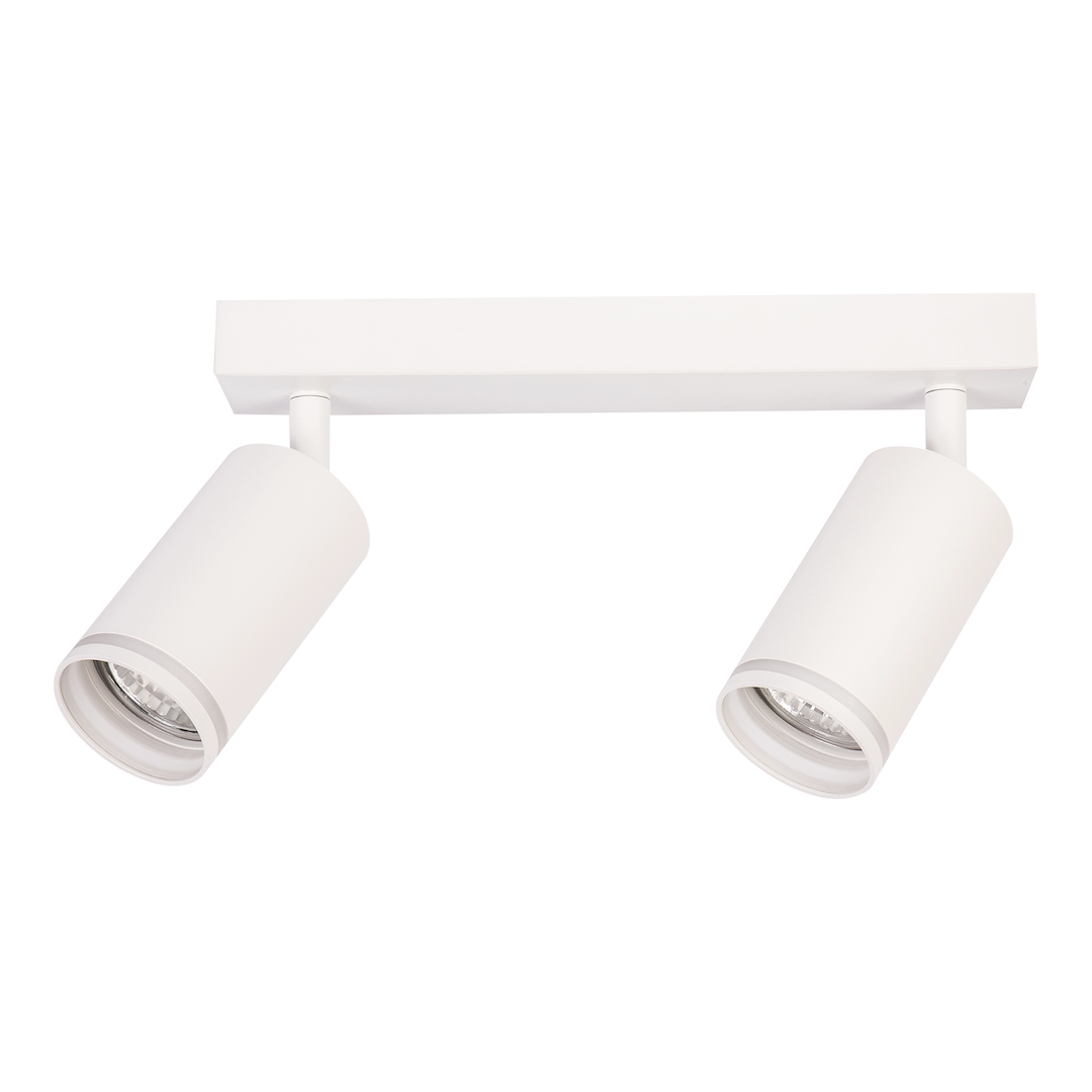 Biała lampa sufitowa Pipe Ring z dwoma reflektorami GU10, zamontowana na prostokątnej podstawie. Reflektory cylindryczne, ustawione na białych ramionach, skierowane w różnych kierunkach. Minimalistyczny design, idealna do nowoczesnych wnętrz.