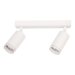 Biała lampa sufitowa Pipe Ring z dwoma reflektorami GU10, zamontowana na prostokątnej podstawie. Reflektory cylindryczne, ustawione na białych ramionach, skierowane w różnych kierunkach. Minimalistyczny design, idealna do nowoczesnych wnętrz.