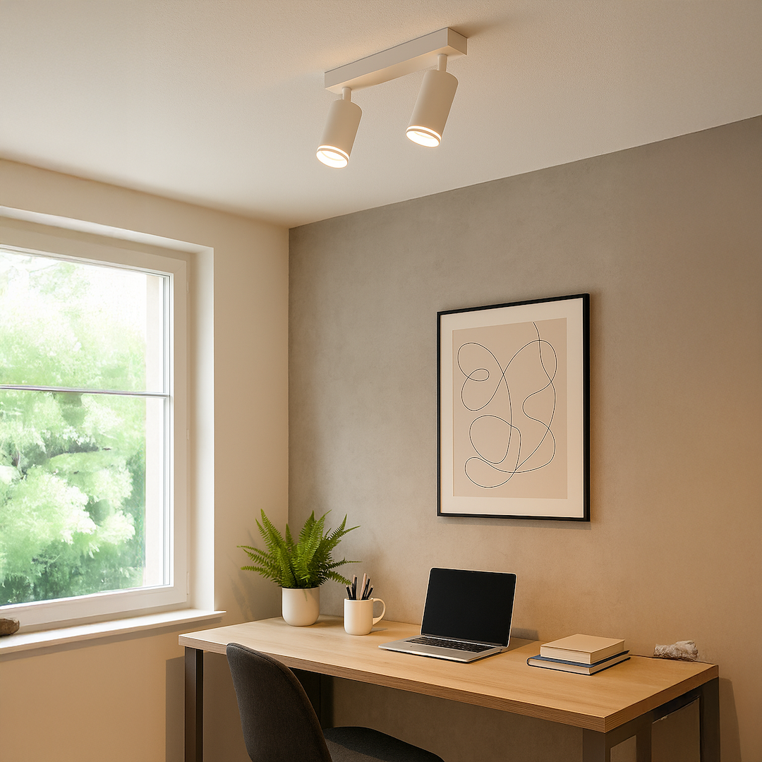 Lampa sufitowa Pipe Ring w kolorze białym z dwoma reflektorami GU10, zamontowana na prostokątnej podstawie. Widoczna w aranżacji wnętrza biurowego, nad drewnianym biurkiem oraz obok rośliny doniczkowej i laptopa.