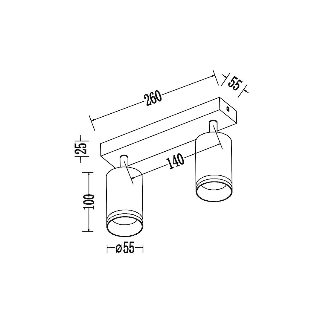 Lampa sufitowa Pipe Ring (spot) z dwoma oprawami na żarówki GU10, w kolorze białym. Kształt prostokątny z dwoma cylindrycznymi kloszami, wymiary: 260 mm długości, 100 mm wysokości, 55 mm średnicy kloszy. Montaż sufitowy.