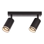Czarna lampa sufitowa typu spot z dwoma oprawami na żarówki GU10, zamontowana na prostokątnej podstawie. Reflektory mają cylindryczny kształt, skierowane w różnych kierunkach, z widocznym pierścieniem w kolorze złotym wewnątrz.