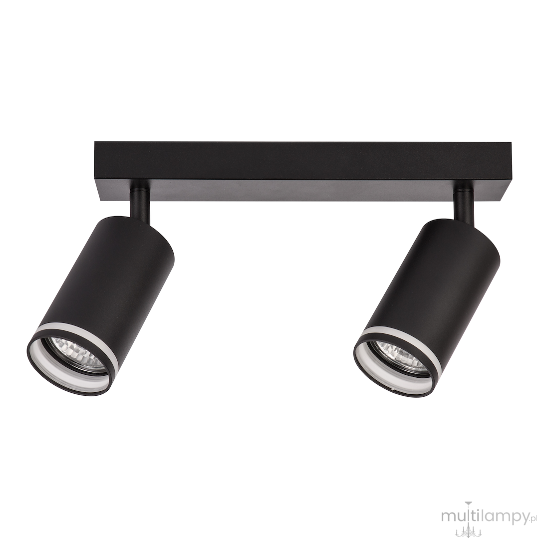 Lampa sufitowa Pipe Ring w kolorze czarnym, z dwoma regulowanymi reflektorami typu GU10. Konstrukcja z prostokątnym mocowaniem i okrągłymi kloszami. Ujęcie frontalne, produkt zamontowany na białym tle.