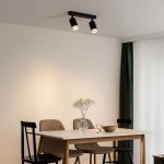 Czarna lampa sufitowa typu spot Pipe Ring z dwoma źródłami światła GU10, zamontowana na suficie. Ujęcie z boku, w tle stół z krzesłami i delikatnymi dekoracjami. Prosta, nowoczesna forma, idealna do aranżacji wnętrz.