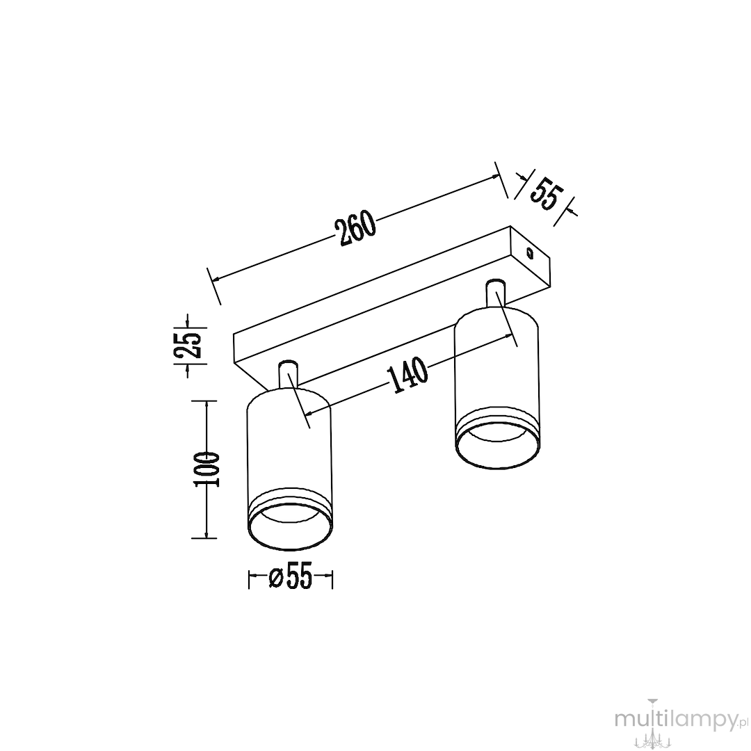 Czarna lampa sufitowa Pipe Ring z dwoma reflektorami GU10. Kształt prostokątny z wymiarami 260 mm x 55 mm. Reflektory cylindryczne o średnicy 55 mm, umieszczone na wysokości 100 mm, z odległością 140 mm między nimi.