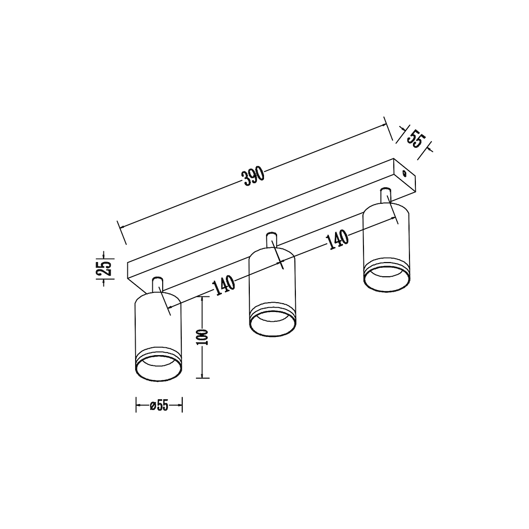 Lampa sufitowa Pipe Ring z trzema reflektorami GU10 w białym kolorze. Prosty, prostokątny uchwyt o długości 390 mm i wysokości 125 mm, z reflektorami o średnicy 55 mm, umieszczonymi w równych odstępach.